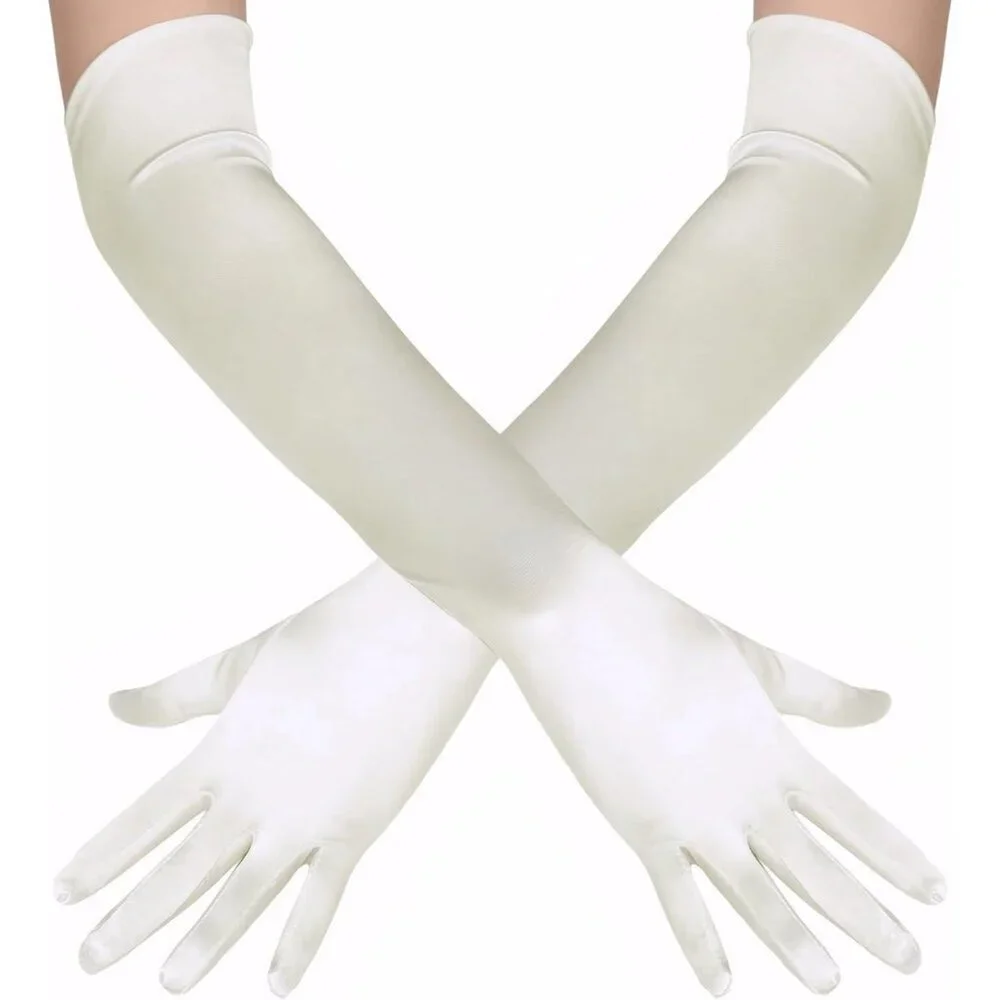 Women's Off-White Vintage Satin Long Gloves Party Costume Stretchy Elbow Length